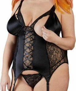 Uitgang ⌛ Cottelli Collection Cottelli Plus Size Sexy Jarretel Hemd Met Veters En Open Kanten Afwerking En Afneembare Cups Maat XL Zwart ✔️