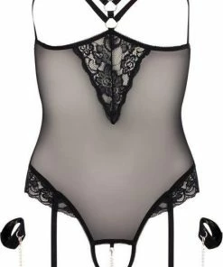 Korting ? Cottelli Collection Bondage Cottelli Collection Bondage Jarretel Body Met Polsboeien Voor Romantiek En Afstraffing Maat S - Zwart ? -Zyba Shop 444x840