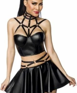 Nieuw ? Saresia Crop Top En Rok Set -M/L- Harness Wetlook Zwart ❤️