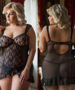 Uitgang ? Softline - Bianca - Dames Lingerie Plus Size - Kanten Jurkje - Super Strakke Doorschijnende Chemise - Sexy Kanten Lingerie Set Met Bloemen - Grote Maat - Uitdagende Bodystocking - Erotisch Setje - Zwart - XXL ?